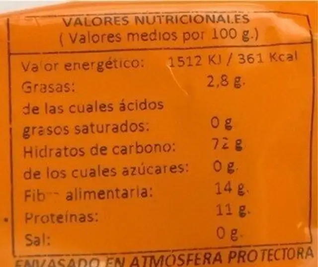 frutos secos xanos nutrition facts table