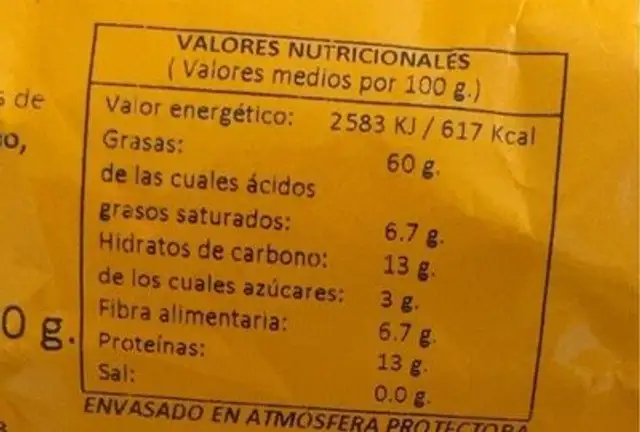 Frutos secos nutrition facts table