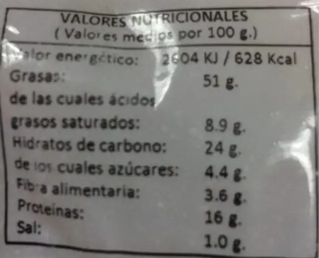 Frutos Secos nutrition facts table