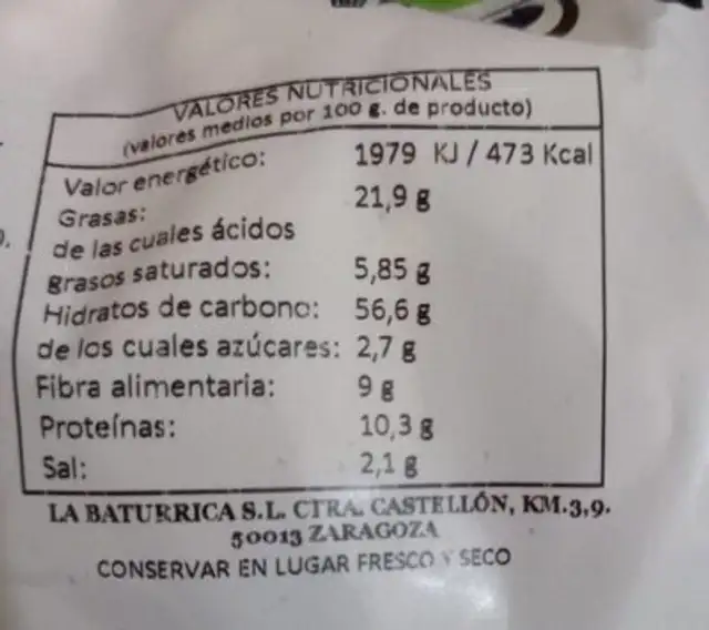 Frutos secos nutrition facts table