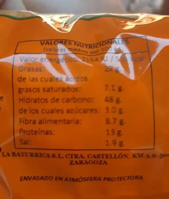 Cóctel frutos secos nutrition facts table