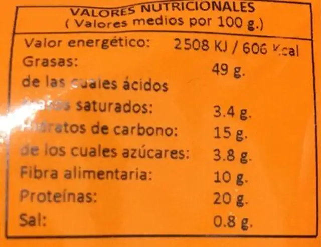 Frutos secos nutrition facts table