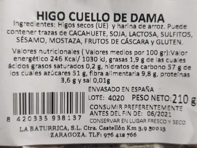 Higo cuello de dama nutrition facts table