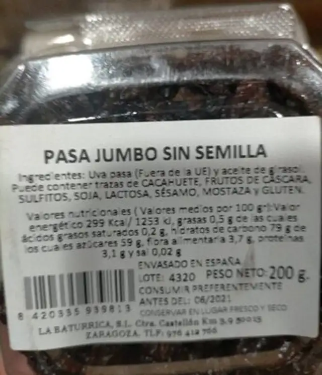 Pasa Jumbo sin semilla nutrition facts table