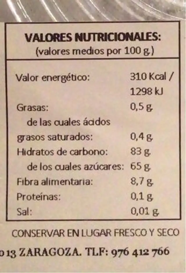 Arandano Rojo Entero nutrition facts table