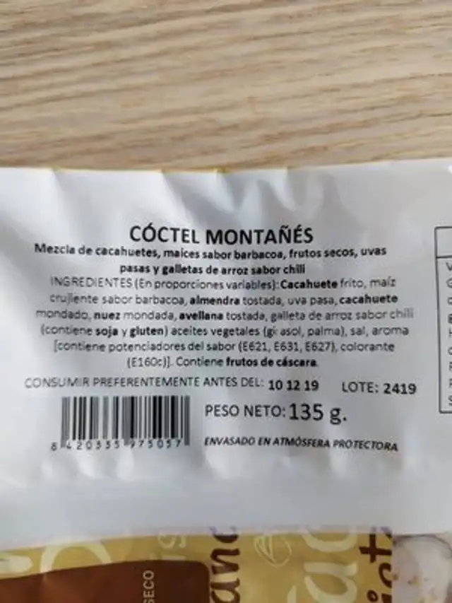 Cóctel Montañés ingredients label
