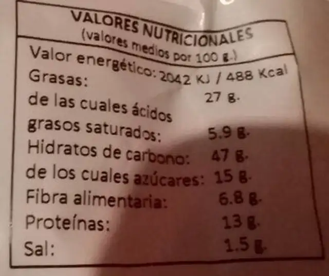 Coctel frutos secos pasarratos nutrition facts table