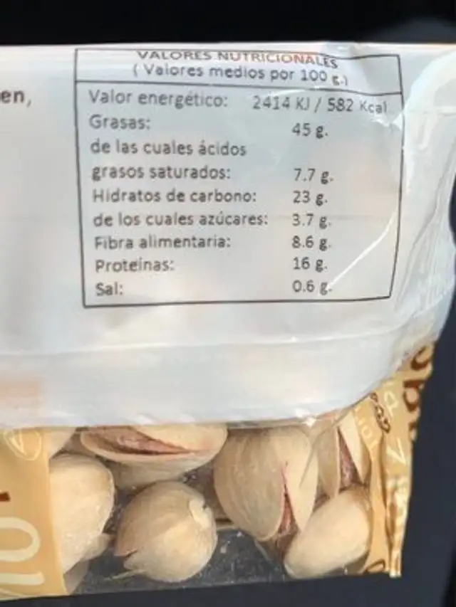 Pistacho Tostado nutrition facts table
