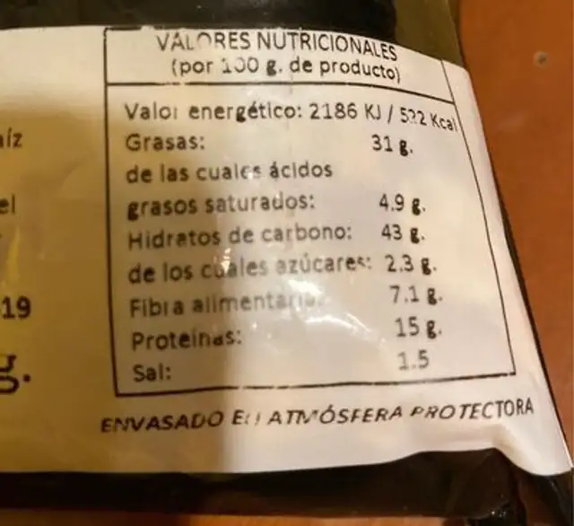 Frutos secos nutrition facts table