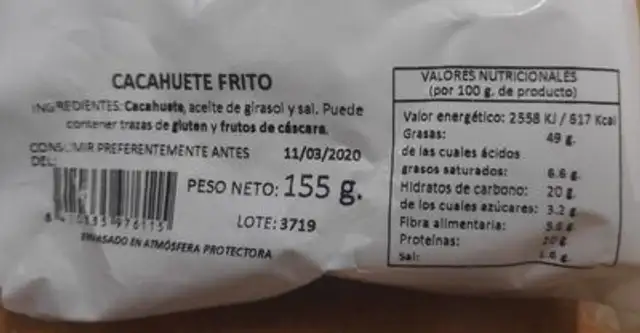 Cacahuate frito nutrition facts table