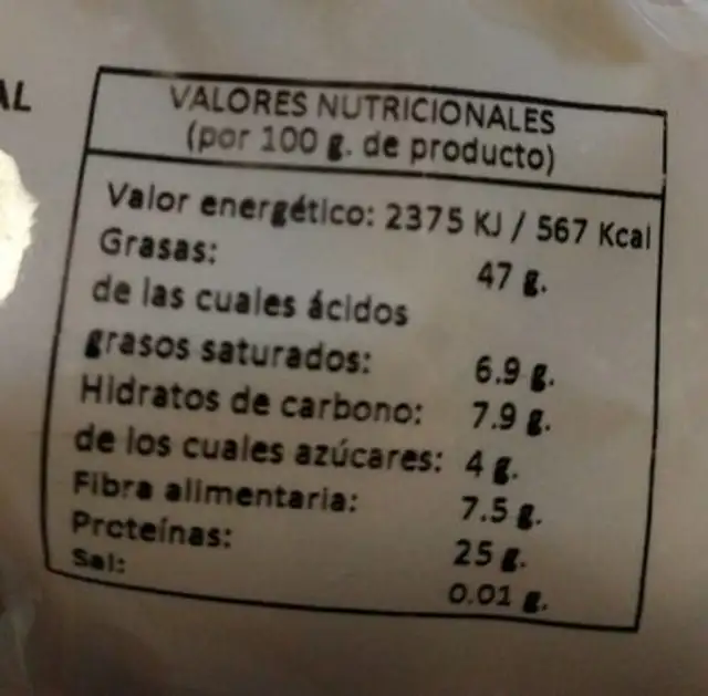 Frutos secos nutrition facts table