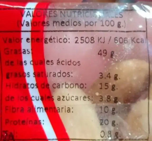 Almendras tostadas con sal nutrition facts table