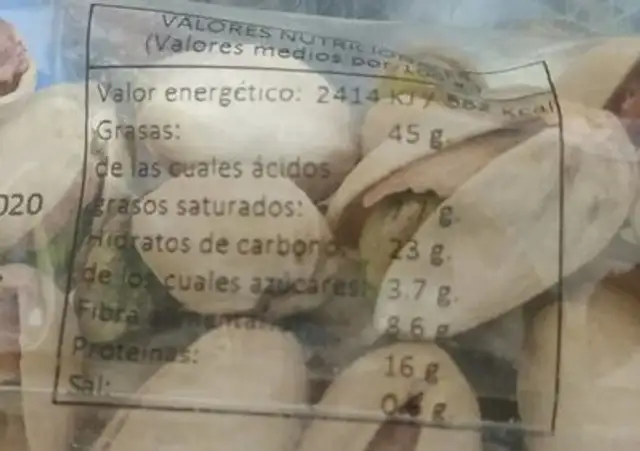 Pistacho tostado nutrition facts table