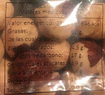 Avellana tostada nutrition facts table