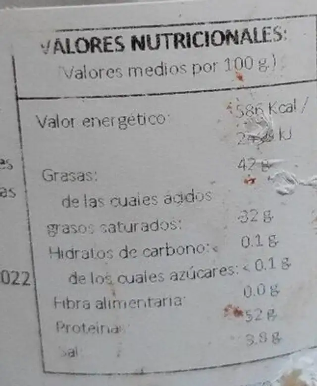 Torreznicos nutrition facts table