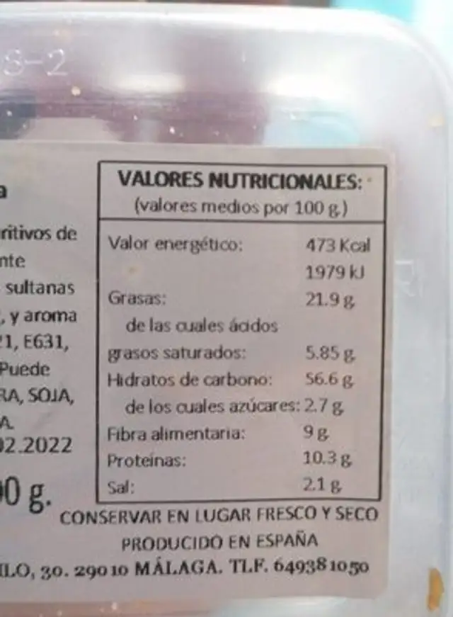 Cóctel frutos secos nutrition facts table