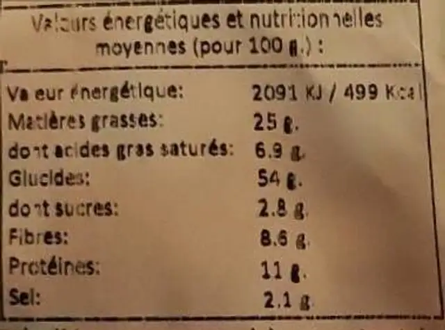 Fruits secs nutrition facts table