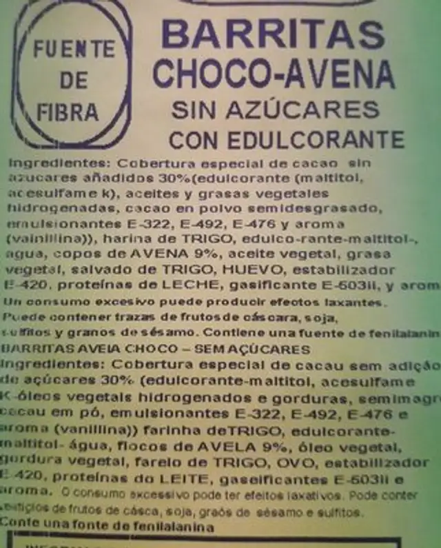 Barritas choco avena ingredients label