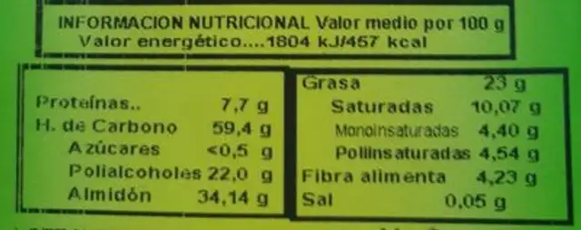 Barritas choco avena nutrition facts table