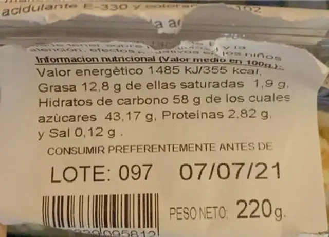 Rosquillas limon nutrition facts table