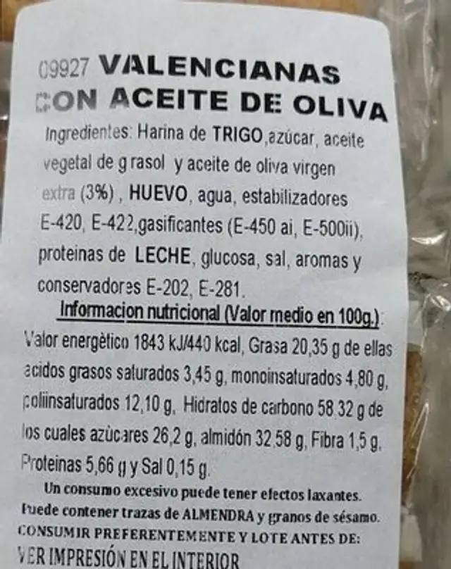 Valencianas nutrition facts table