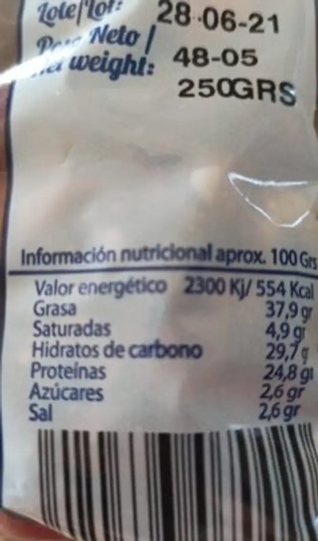 Frutos secos Diego nutrition facts table