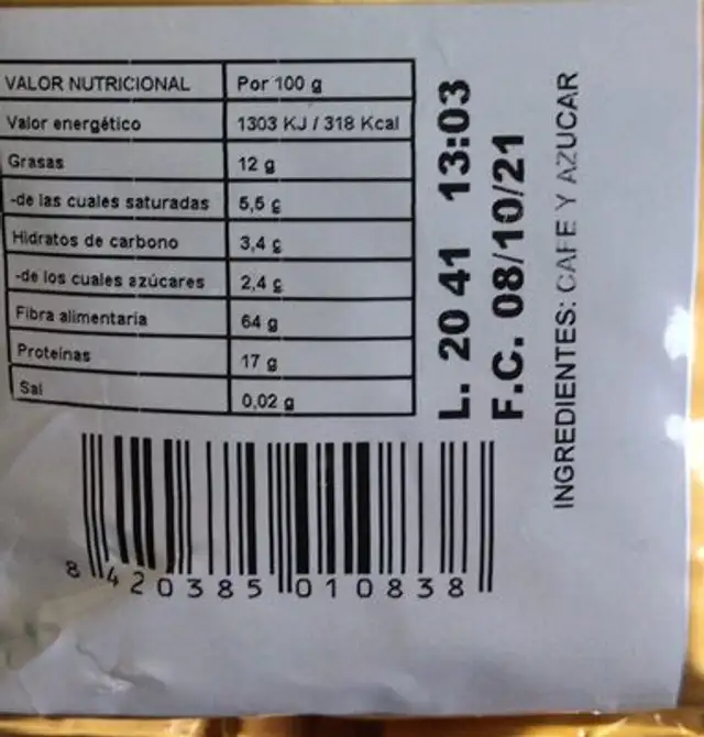 Cafe Marfil Tolesa nutrition facts table