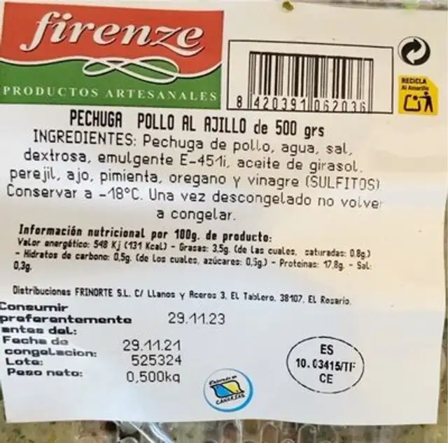 Pechuga de pollo al ajillo nutrition facts table