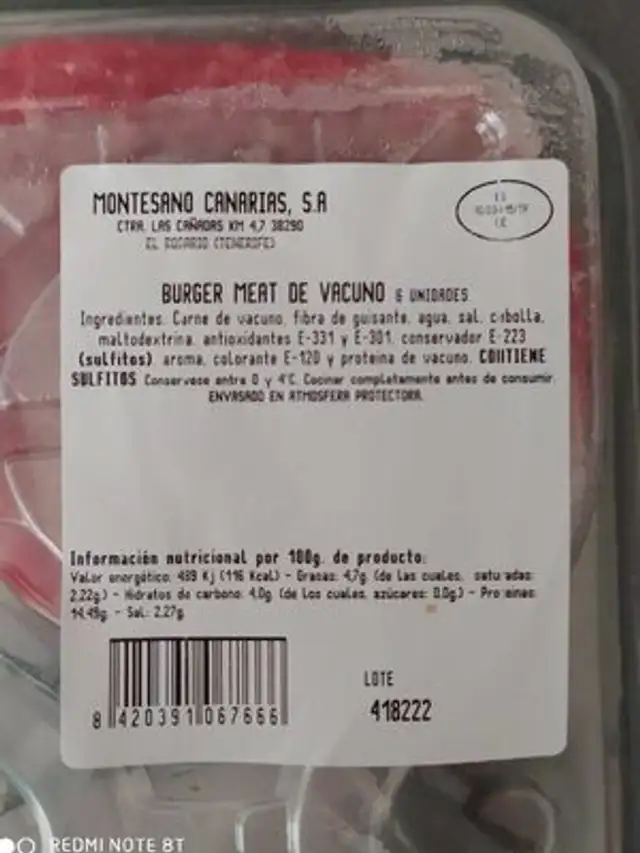 Hamburguesas nutrition facts table
