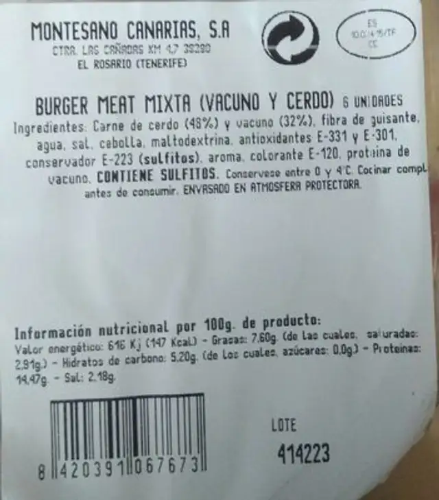 Hamburguesas vacuno cerdo nutrition facts table