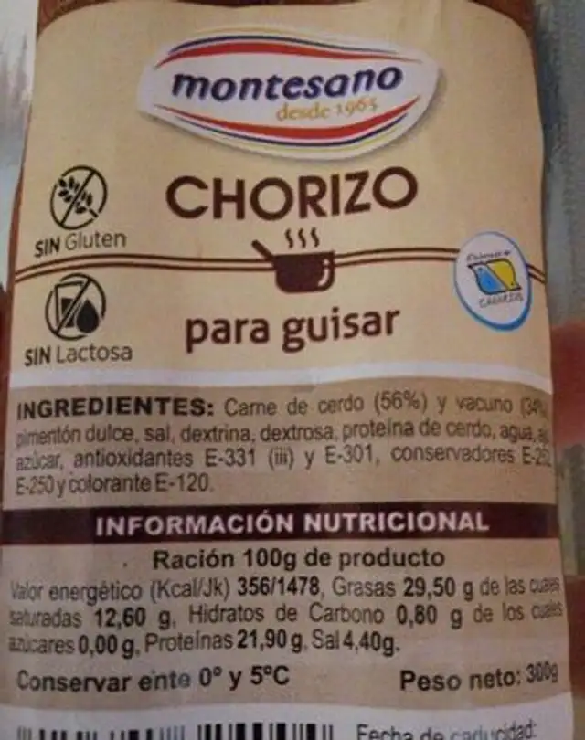 Chorizo para guisar nutrition facts table