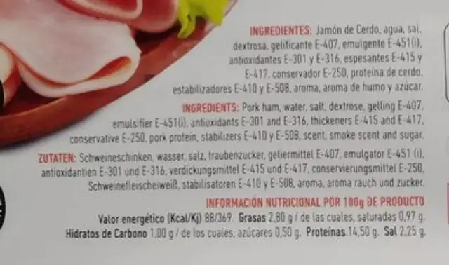 Jamón cocido nutrition facts table