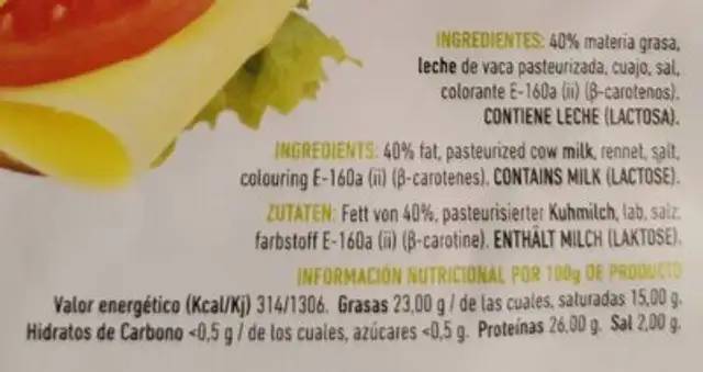 Queso Edam Alfresco nutrition facts table