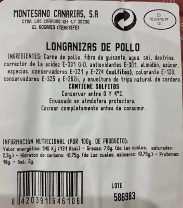 Longaniza fresca pollo ingredients label