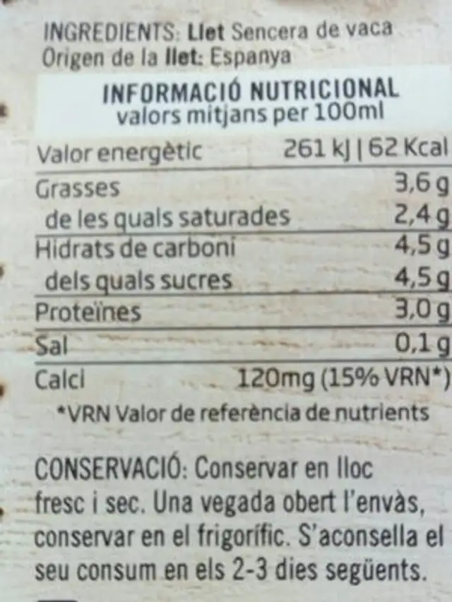 Leche nutrition facts table