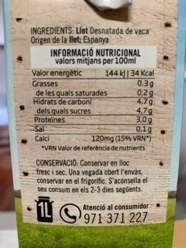 Llet de Menorca Desnatada ingredients label