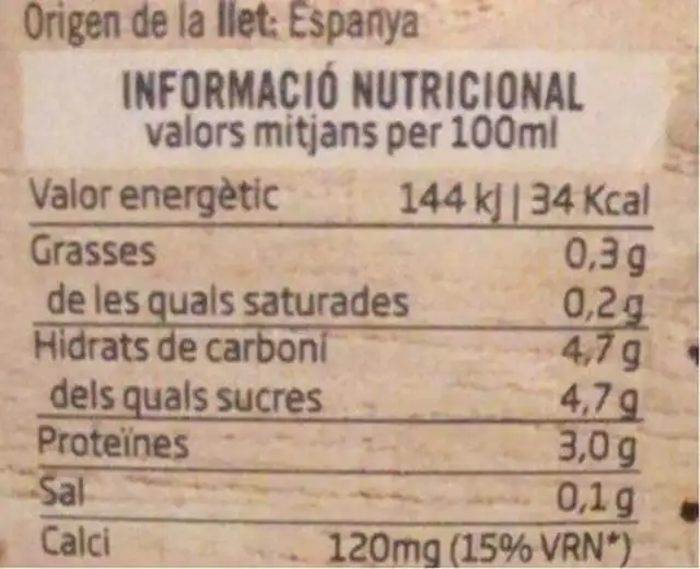 Llet de Menorca Desnatada nutrition facts table