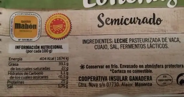Queso Mahón-Menorca Lonchas Semicurado nutrition facts table