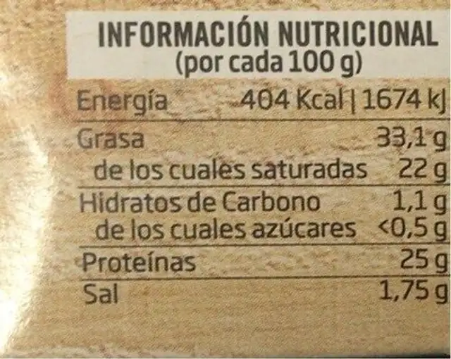 Queso semicurado nutrition facts table