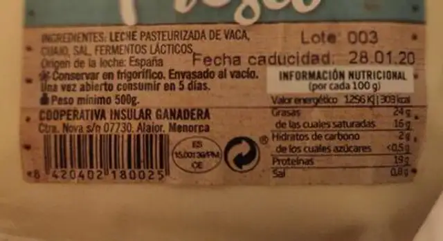 Queso fresco nutrition facts table