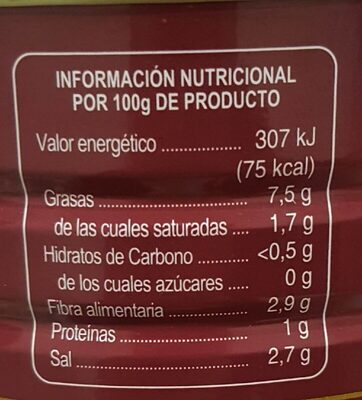 Surtido de aceitunas y encurtidos con AOVE nutrition facts table