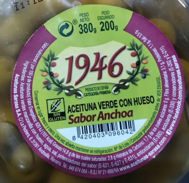 Acei. Manzanilla s. Anchoa Sarasa ingredients label