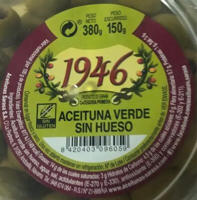 Aceituna verde sin hueso nutrition facts table