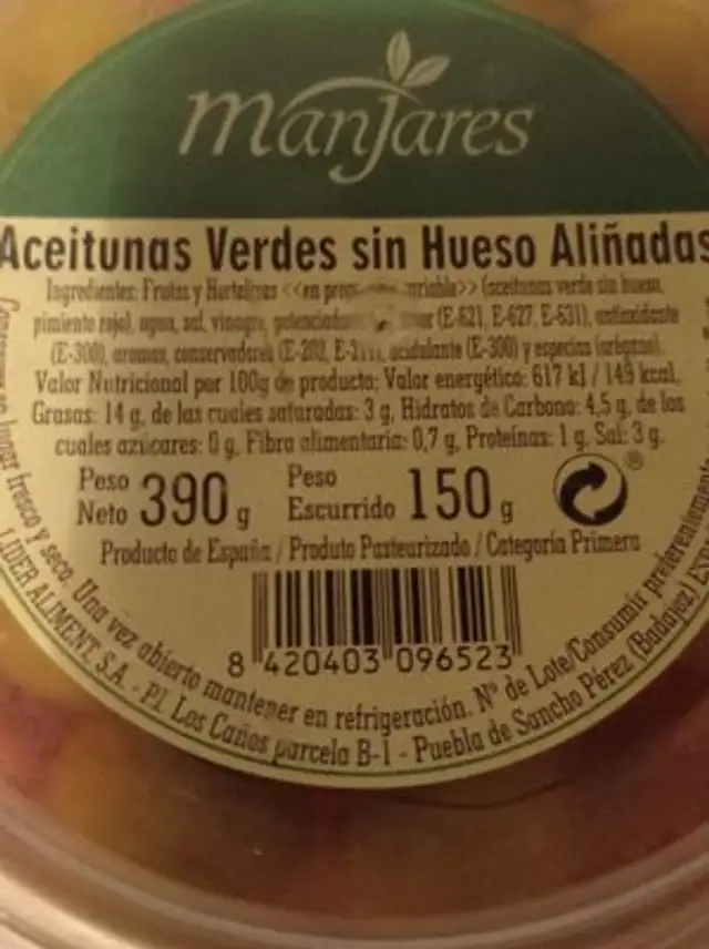 Aceitunas verdes sin hueso aliñadas
