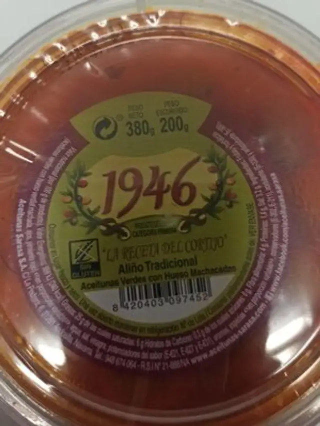 Aceitunas Verdes con Hueso Machacadas 1946 nutrition facts table