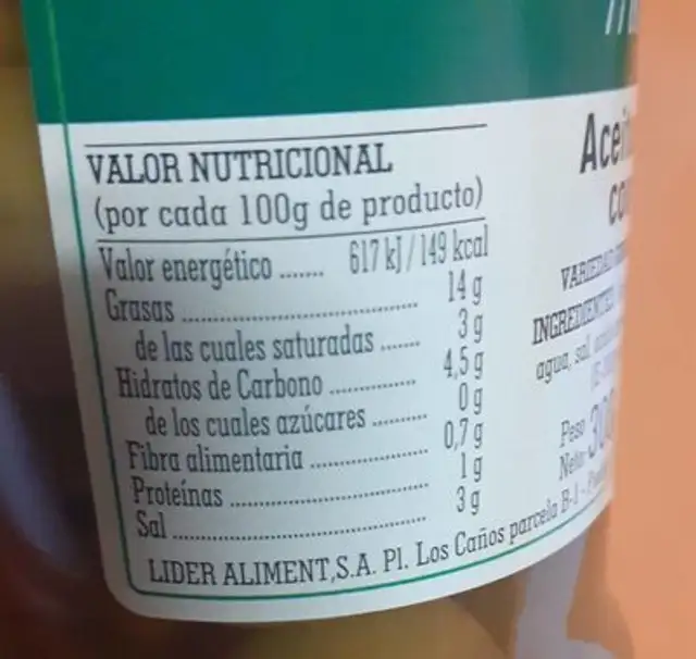 Aceituna verde con hueso nutrition facts table
