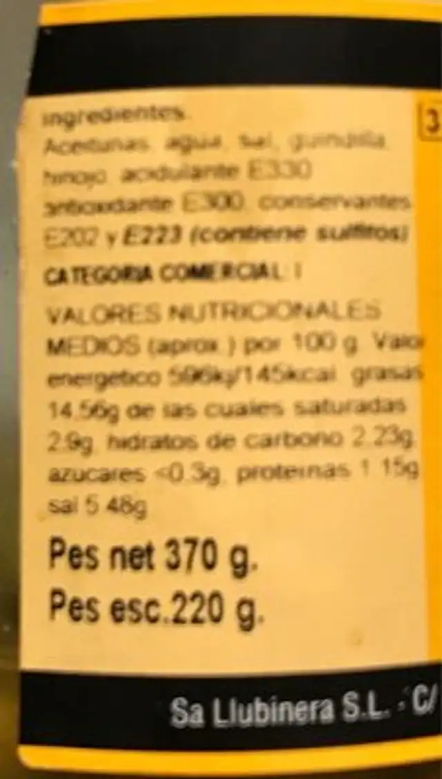 olives verdes trencades nutrition facts table