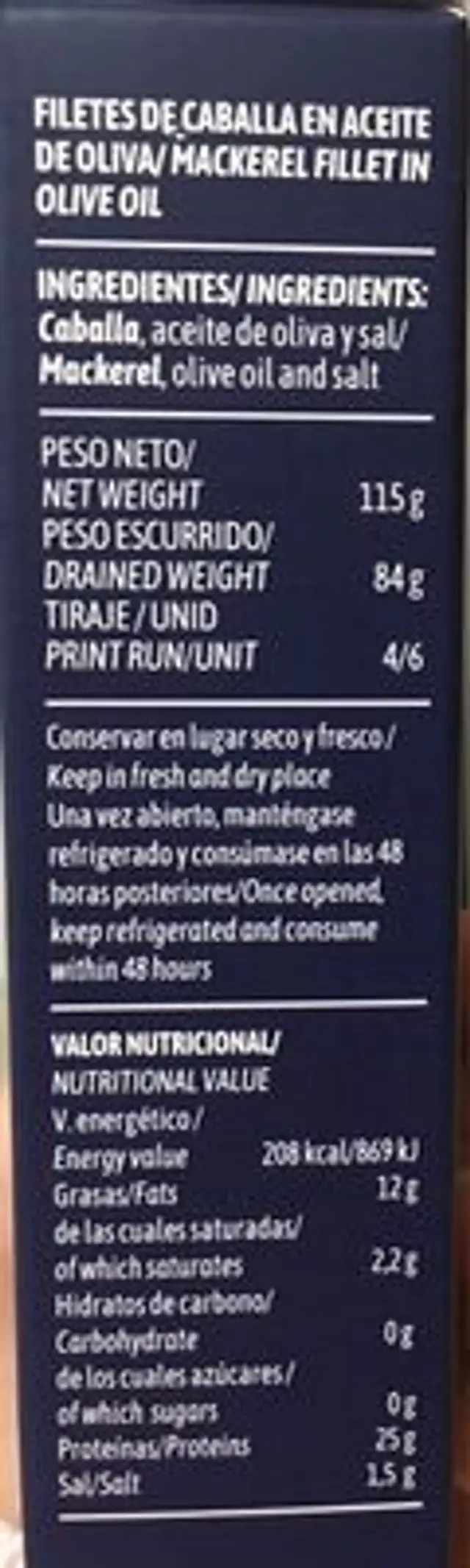 Filetes de caballa nutrition facts table