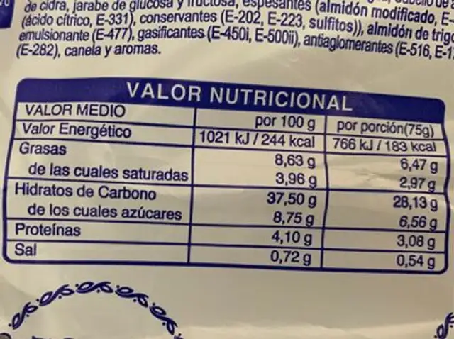Maritoñi nutrition facts table