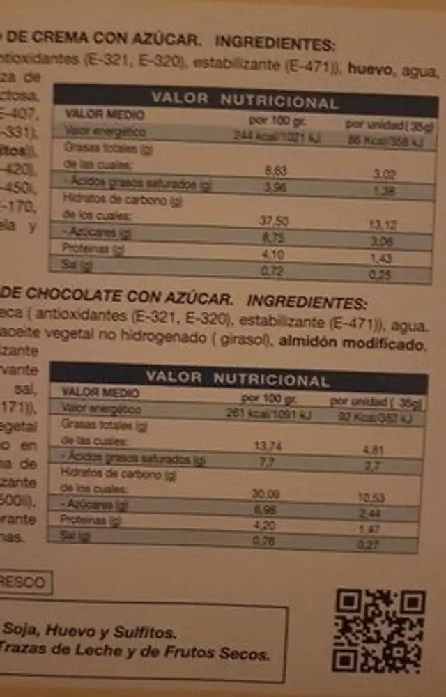 10 Chiquitoñis nutrition facts table